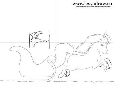 Как нарисовать деда мороза на санях и конем, лошадью