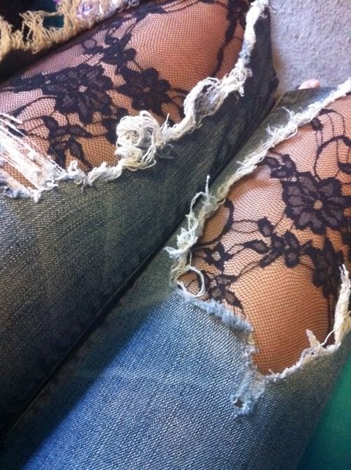 Lace tights underneath ripped jeans-WONDERFULDIY