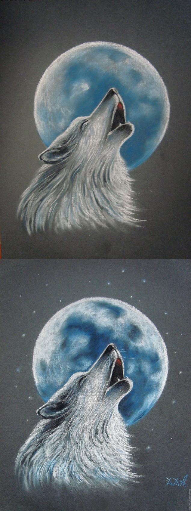 «Волк, воющий на луну» в технике сухая пастель, фото № 6