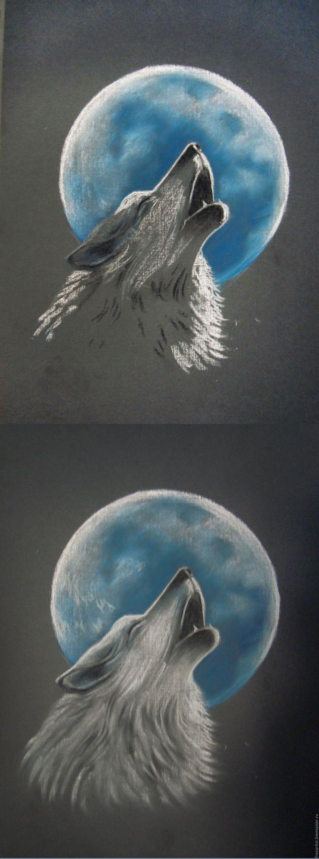«Волк, воющий на луну» в технике сухая пастель, фото № 5