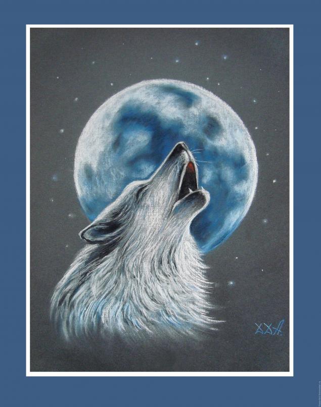 «Волк, воющий на луну» в технике сухая пастель, фото № 7
