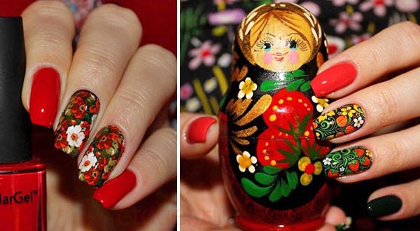 Красные ногти с росписью в русском стиле
