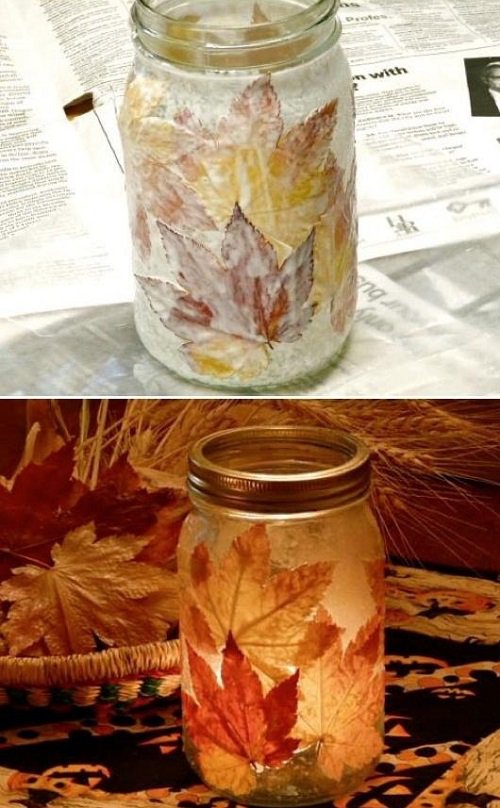 10 идей для декора из опавших листьев - светильник из банки