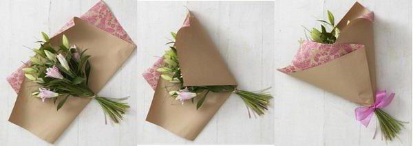 упаковка цветов в крафт бумагу
