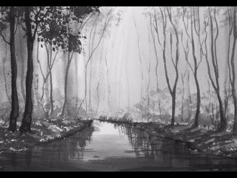 Гризайль1- Рисуем лес и реку акварелью.  Grisaille- Woodland and river