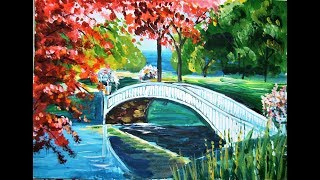 как нарисовать романтический пейзаж с мостиком поэтапно