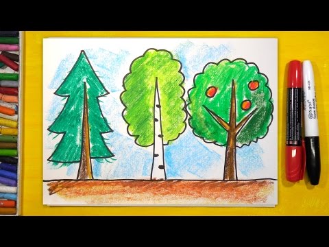 Как нарисовать 3 Дерева (Ель, Березу, Яблоню), Урок рисования для детей от 3 лет
