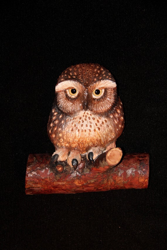 Wood Carving - Bird  - Owl -  Original Hand Carved -  Sculpture -  Wall Art