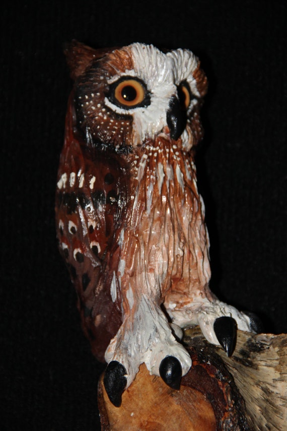 Wood Bird Carving -  Owl Art  in Birch - OOAK -  Hand Carved and Sculpted