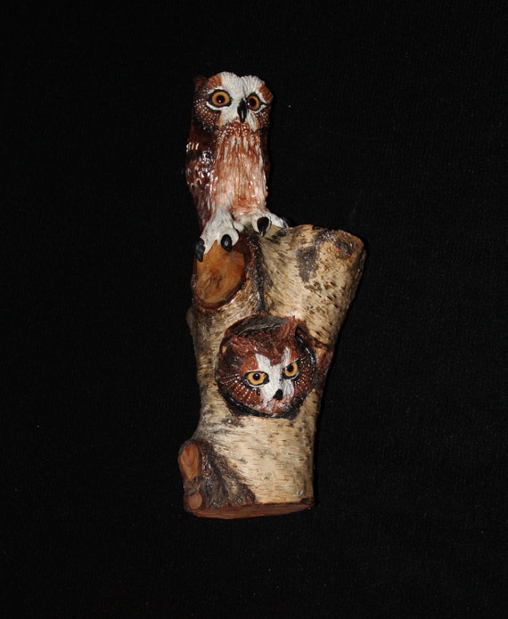 Wood Bird Carving -  Owl Art  in Birch - OOAK -  Hand Carved and Sculpted