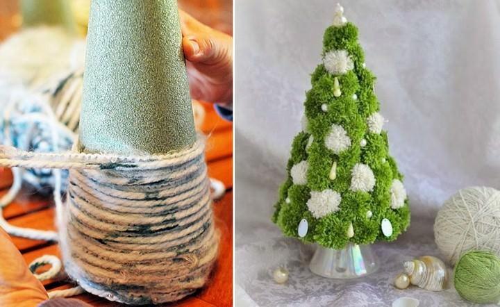 Изготовить и оформить новогоднюю елочку из пряжи можно разными способами. Вместо нитей можно использовать мишуру или шпагат