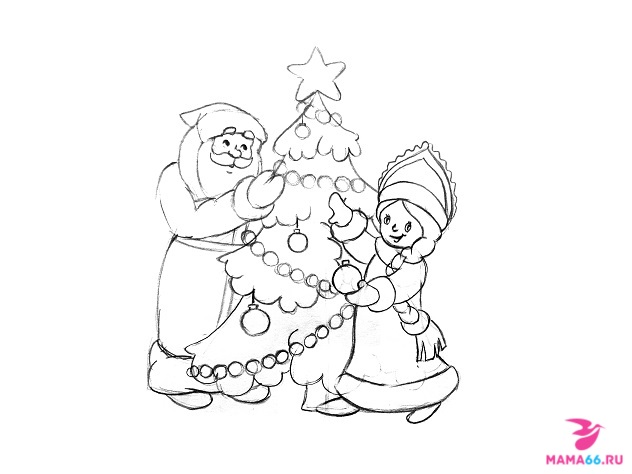 Как нарисовать карандашом елку со Снегурочкой и Дедом Морозом-9