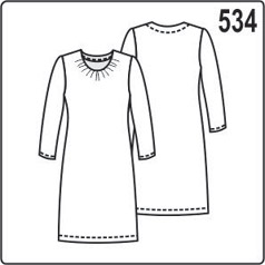 Выкройка платья с длинными рукавами, сборкой на горловине и карманами в боковых швах