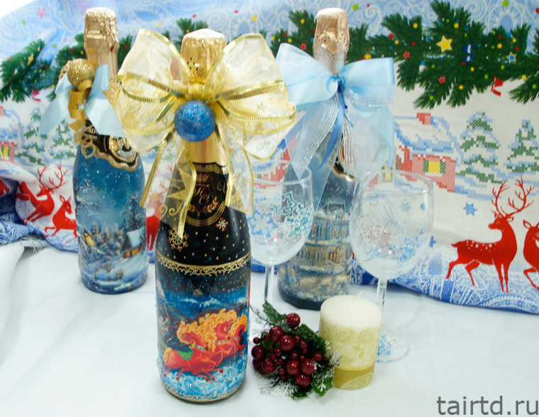 Новогодний декупаж бутылки шампанского мастер класс
