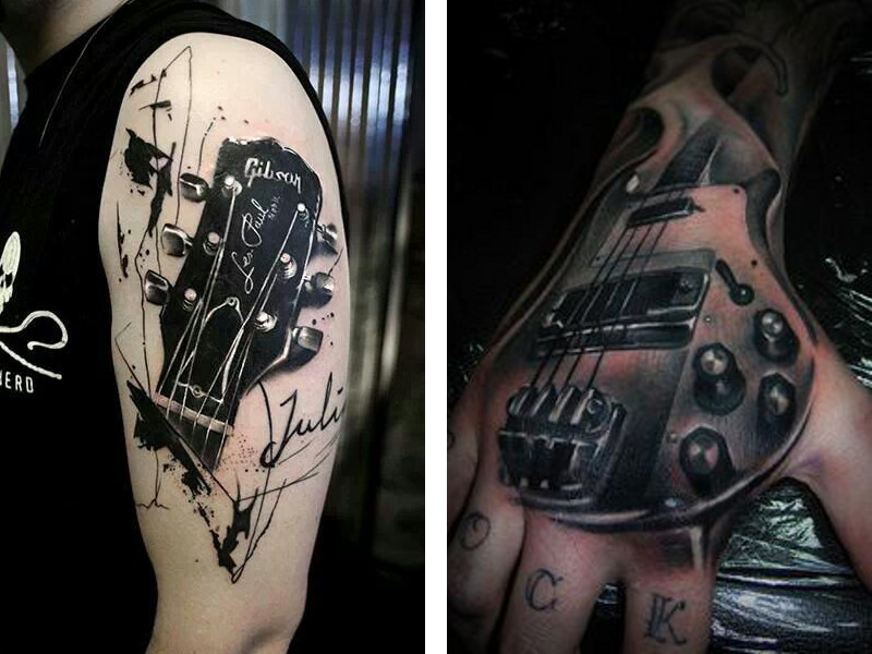 Две разные татуировки с изображением гитары 