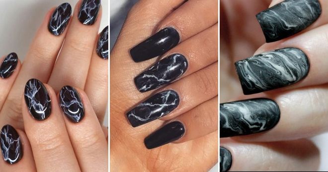 Черные ногти - дизайн 2019 мраморный