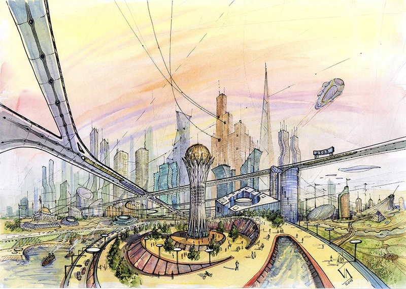 Город будущего: рисунок карандашом