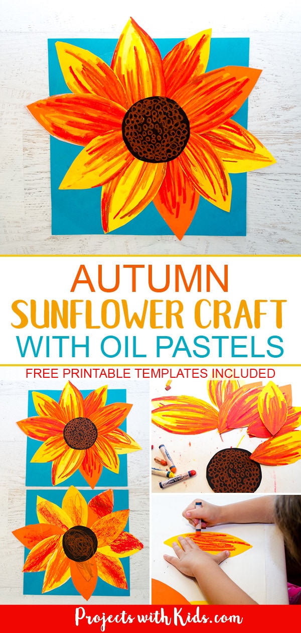 This autumn sunflower craft with oil pastels is a beautiful way to bring the vibrant colors of fall indoors. Free printable sunflower template included! #projectswithkids #fallcrafts #sunflowercraft #artprojectsforkids #kidscraft