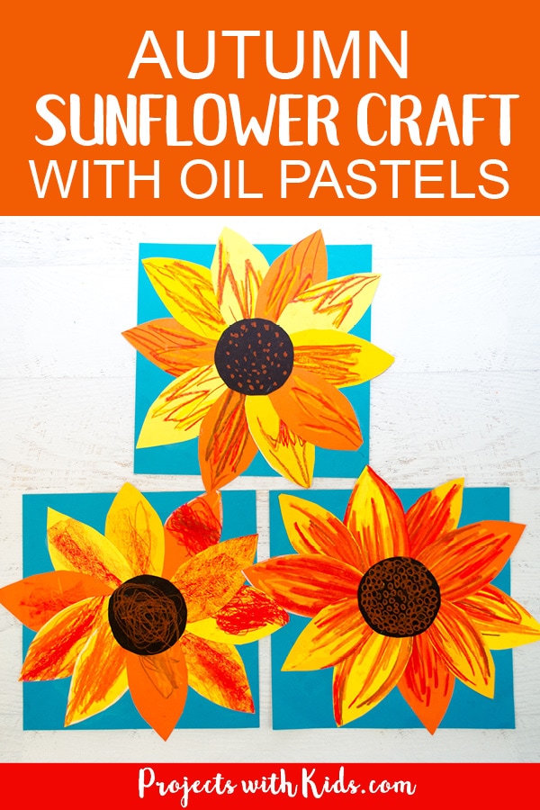 This autumn sunflower craft with oil pastels is a beautiful way to bring the vibrant colors of fall indoors. Free printable sunflower template included! #projectswithkids #fallcrafts #sunflowercraft #artprojectsforkids #kidscraft